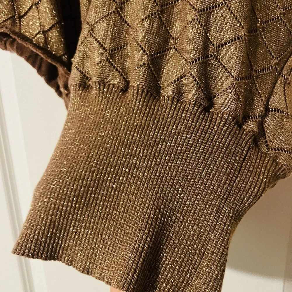 Elegant Gold with Metallic Specks Knit Poncho Sweater - Picture 3 of 7
